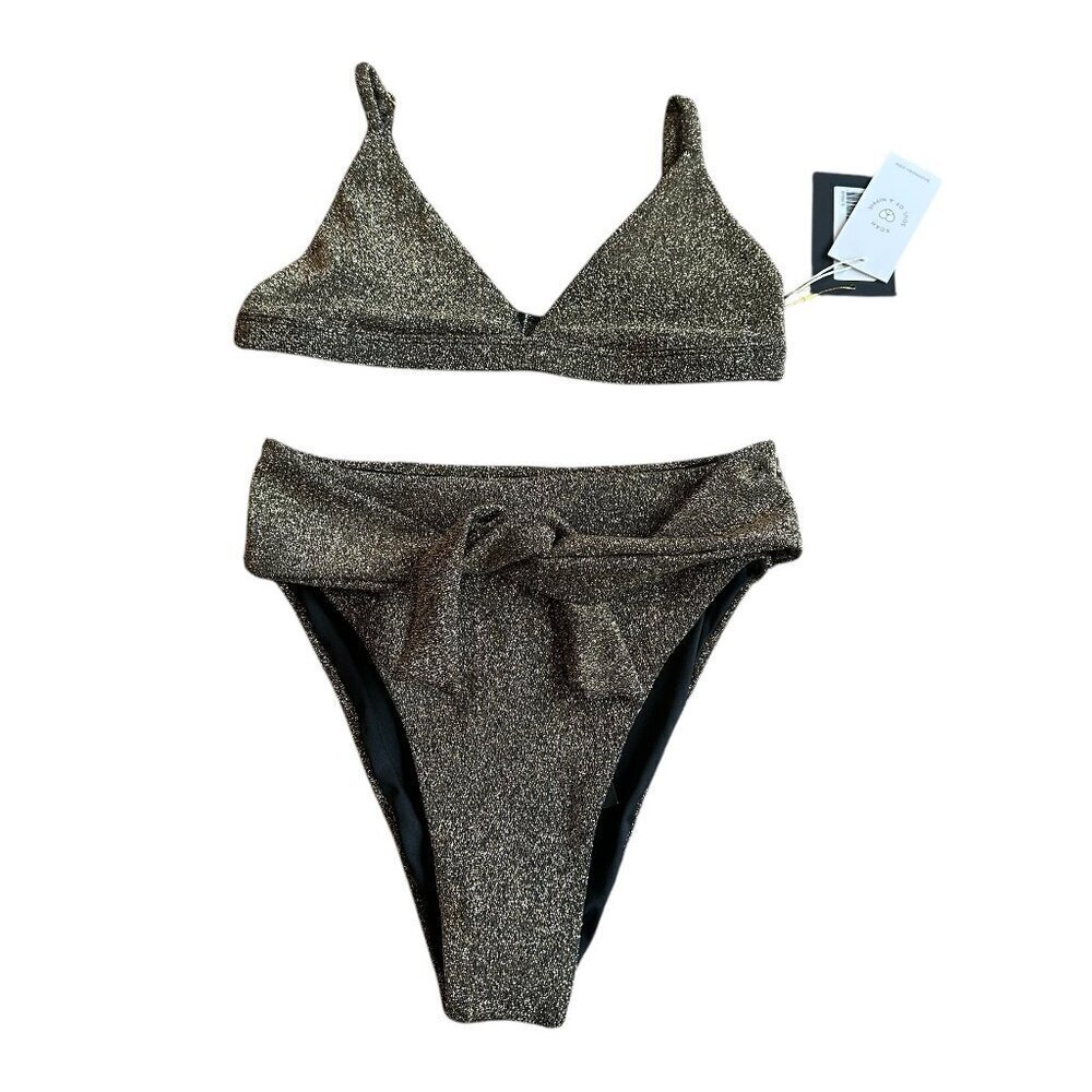 Soah Sandy Triangle Bikini Top + High-Waisted Bottoms Swimsuit Gold Small Nwt